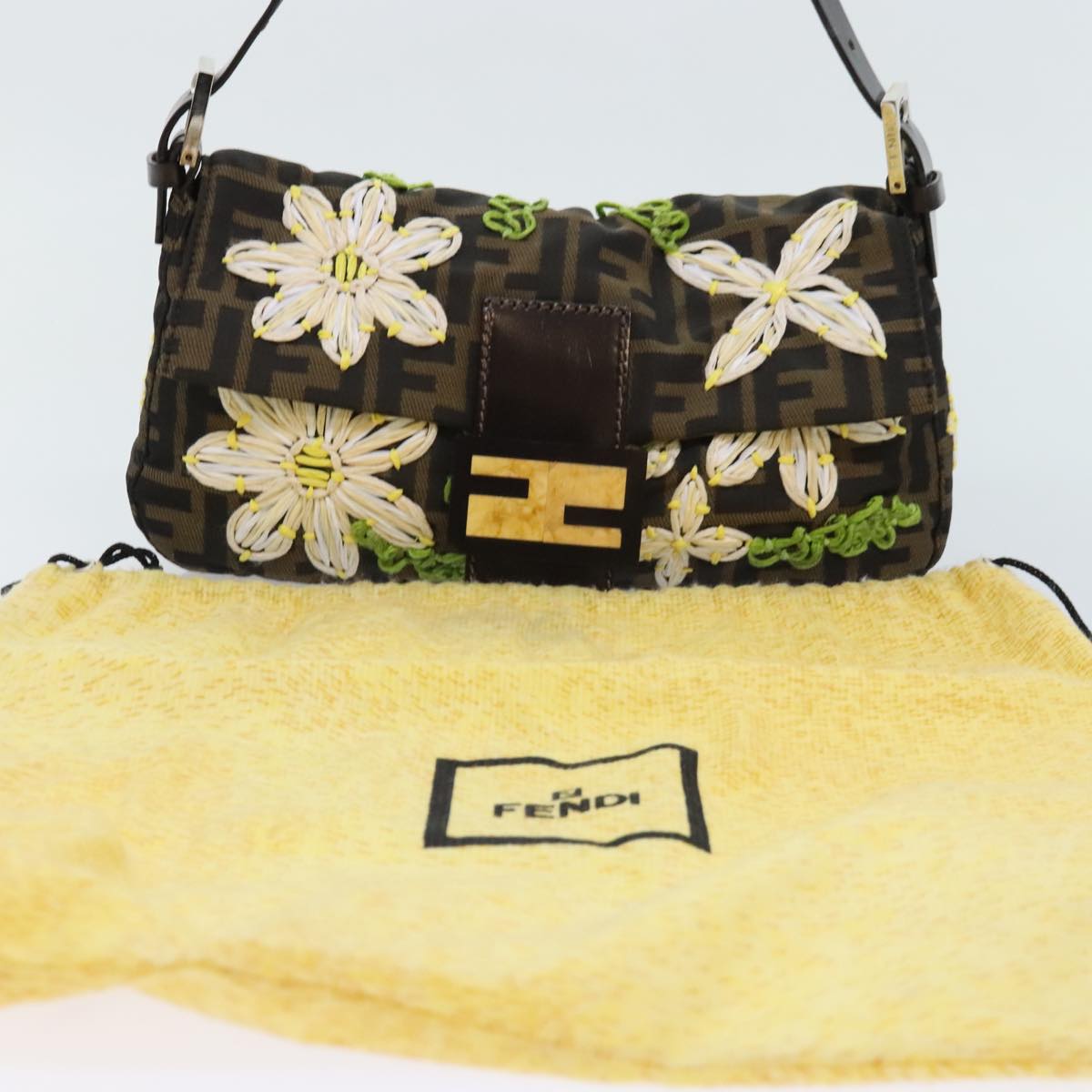 FENDI Zucca Canvas Flower Embroidery Mamma Baguette Bag Black Brown ki4974