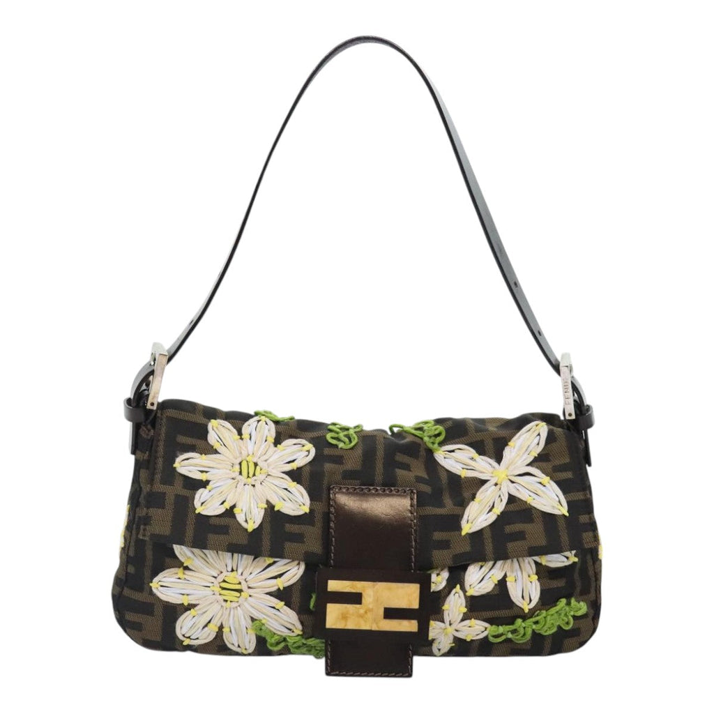 FENDI Zucca Canvas Flower Embroidery Mamma Baguette Bag Black Brown ki4974