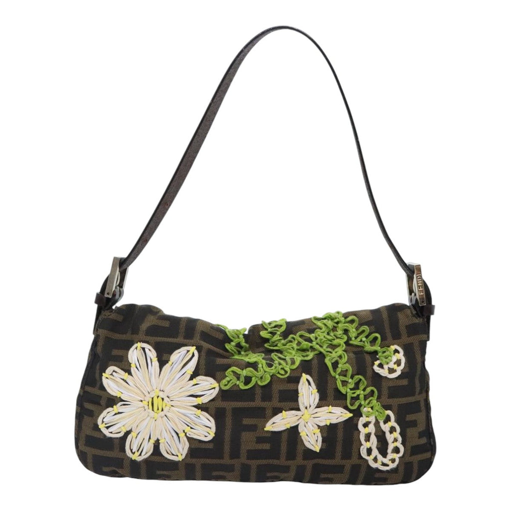 FENDI Zucca Canvas Flower Embroidery Mamma Baguette Bag Black Brown ki4974