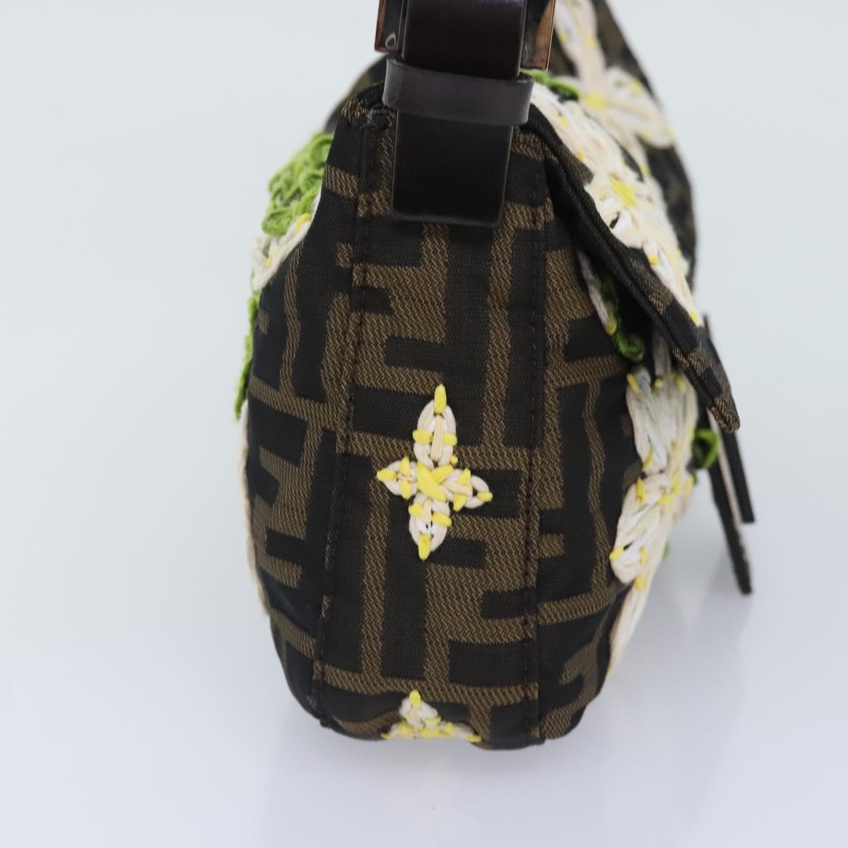 FENDI Zucca Canvas Flower Embroidery Mamma Baguette Bag Black Brown ki4974