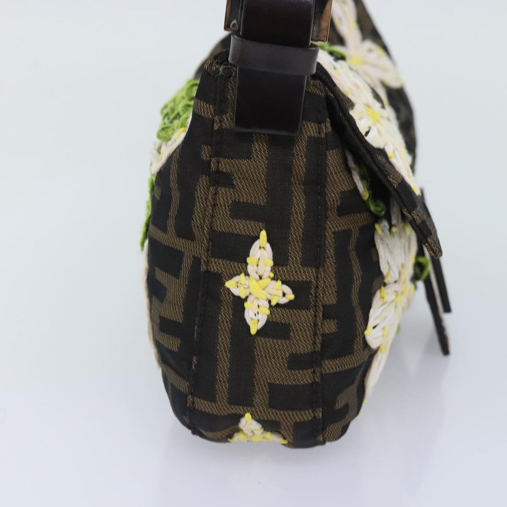 FENDI Zucca Canvas Flower Embroidery Mamma Baguette Bag Black Brown ki4974
