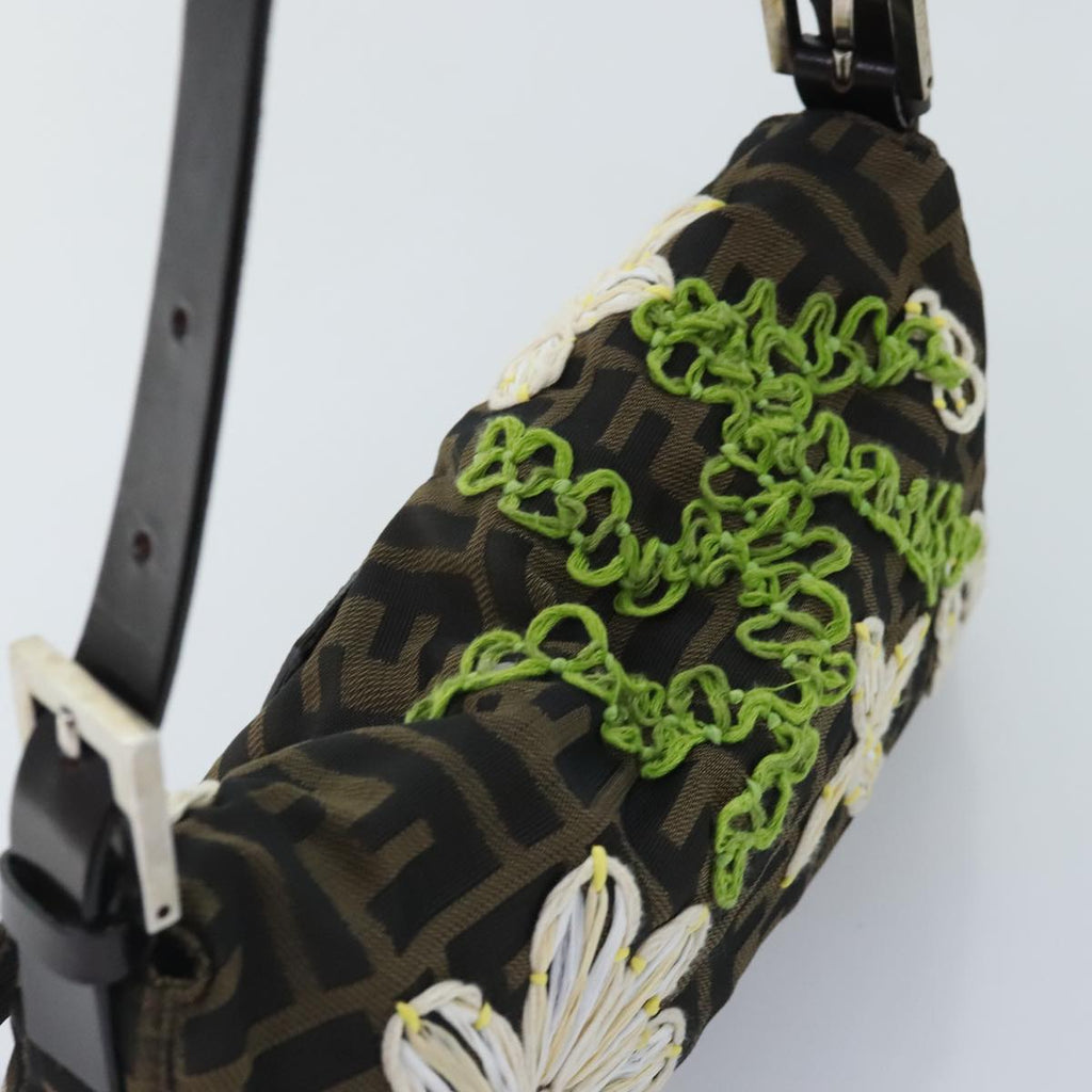 FENDI Zucca Canvas Flower Embroidery Mamma Baguette Bag Black Brown ki4974