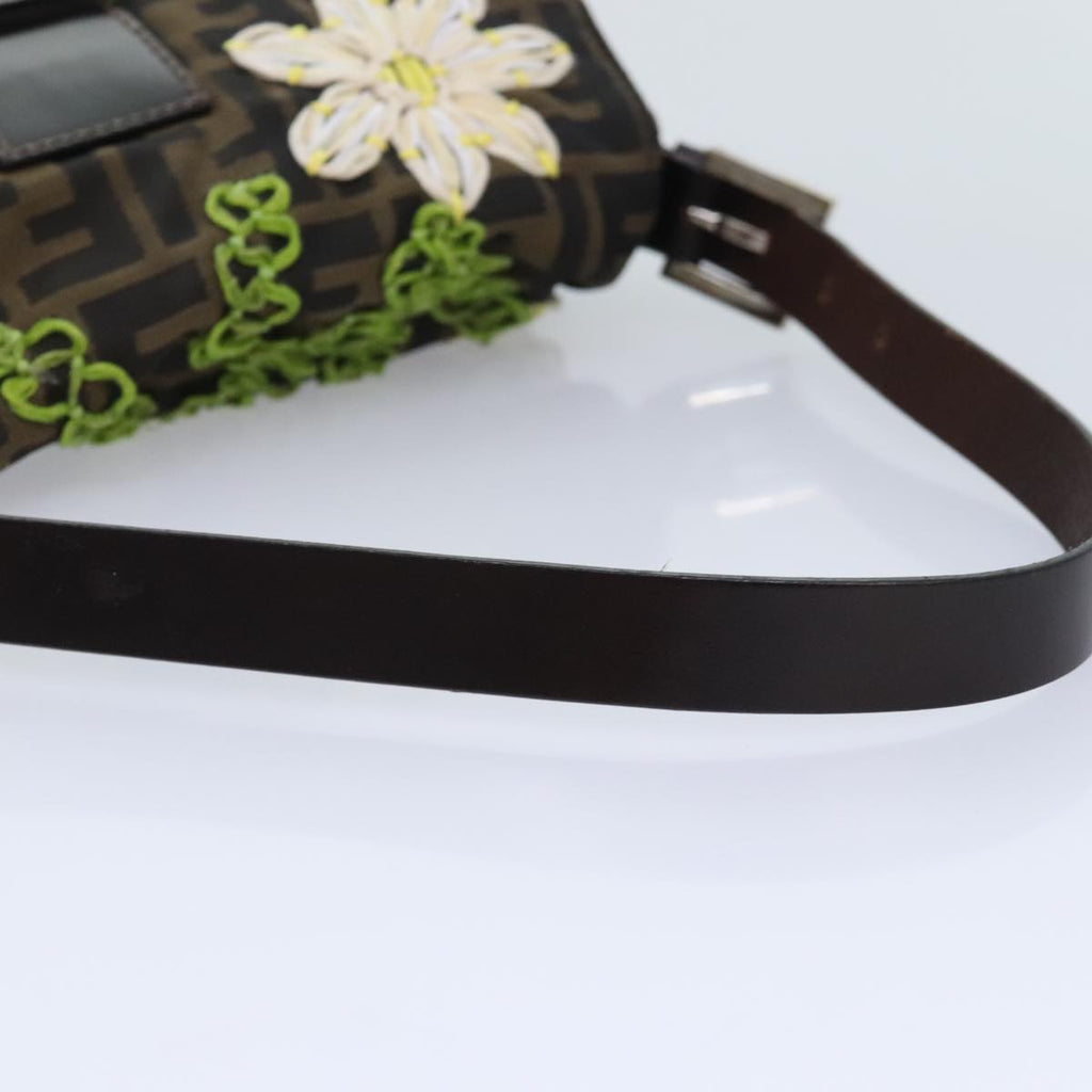 FENDI Zucca Canvas Flower Embroidery Mamma Baguette Bag Black Brown ki4974