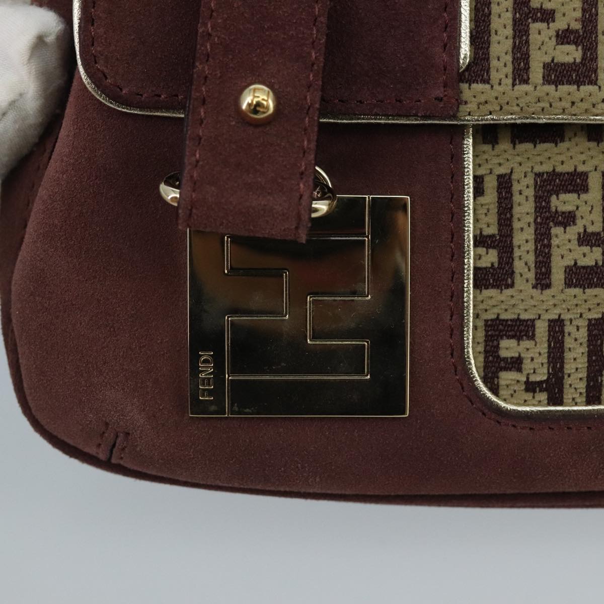 FENDI Zucchino Canvas Hand Bag Suede Beige Bordeaux ki5026