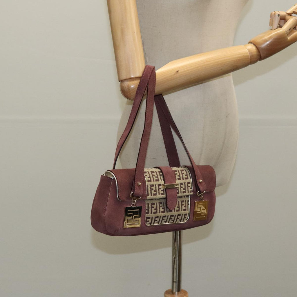 FENDI Zucchino Canvas Hand Bag Suede Beige Bordeaux ki5026