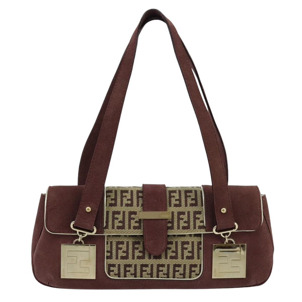 FENDI Zucchino Canvas Hand Bag Suede Beige Bordeaux ki5026