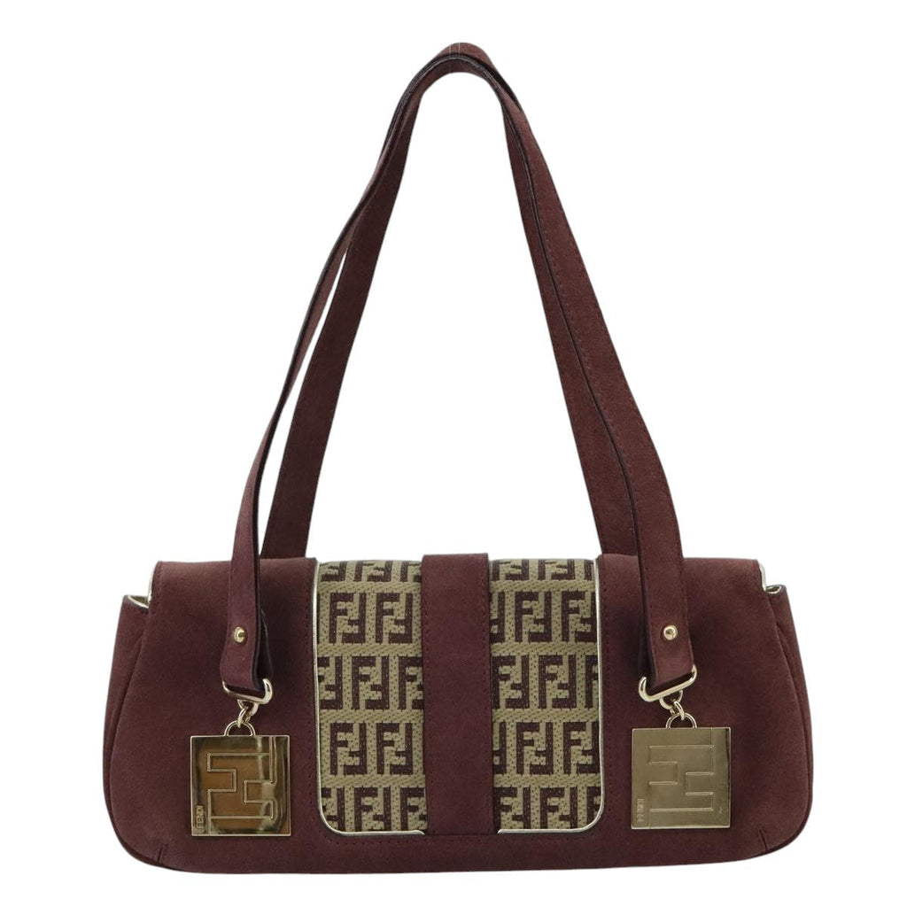 FENDI Zucchino Canvas Hand Bag Suede Beige Bordeaux ki5026