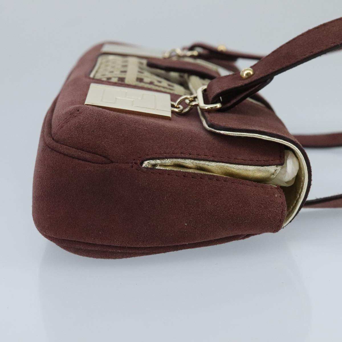 FENDI Zucchino Canvas Hand Bag Suede Beige Bordeaux ki5026