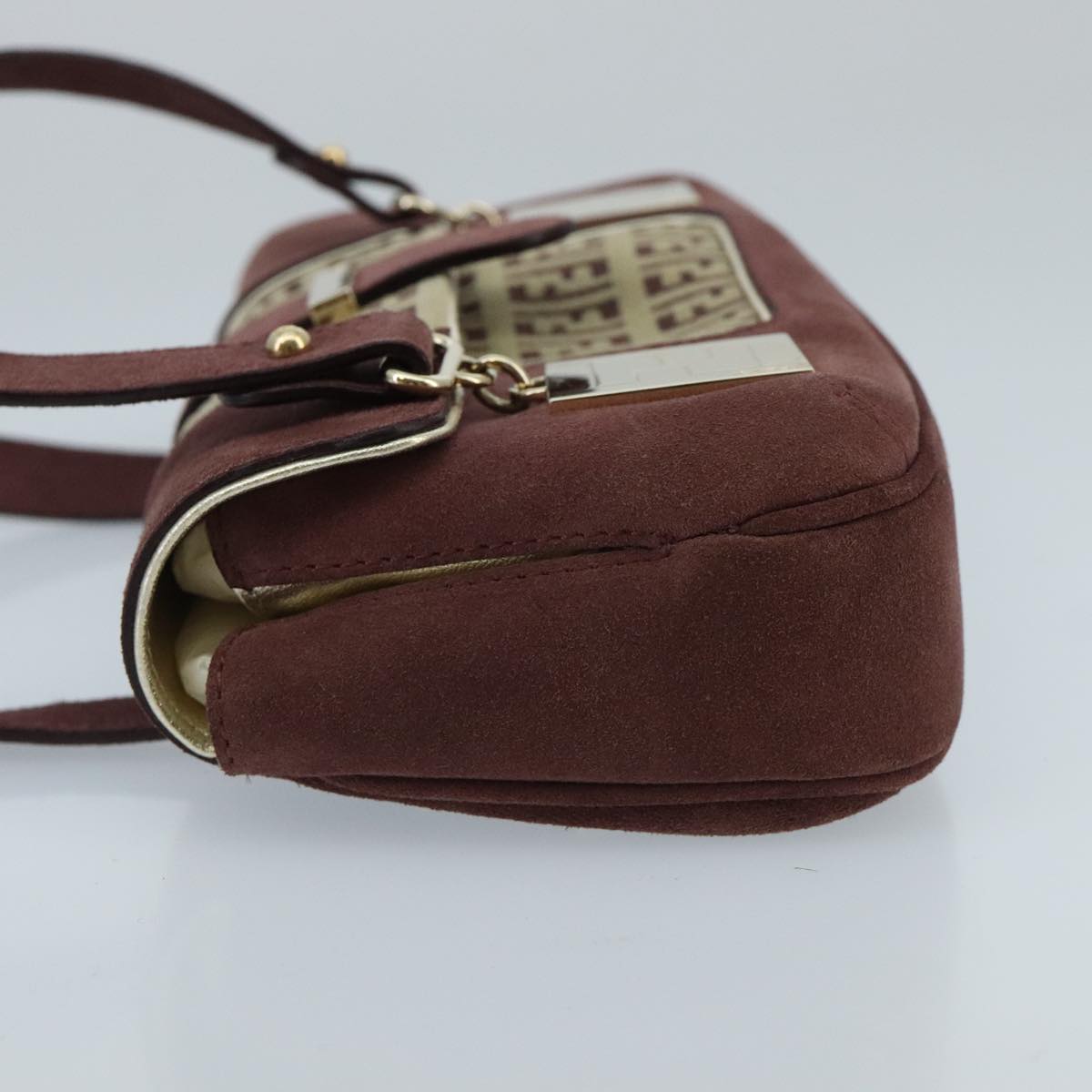 FENDI Zucchino Canvas Hand Bag Suede Beige Bordeaux ki5026