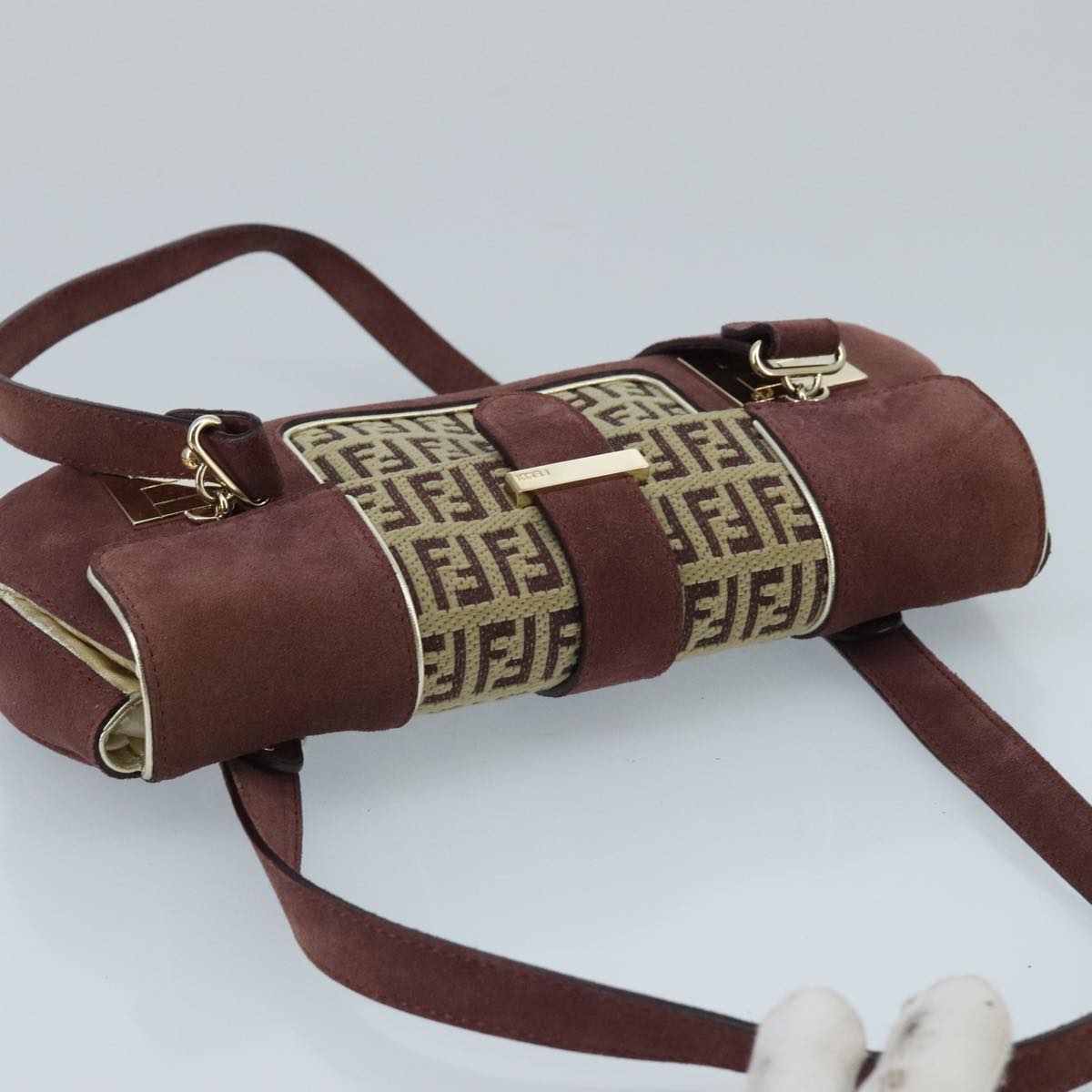 FENDI Zucchino Canvas Hand Bag Suede Beige Bordeaux ki5026