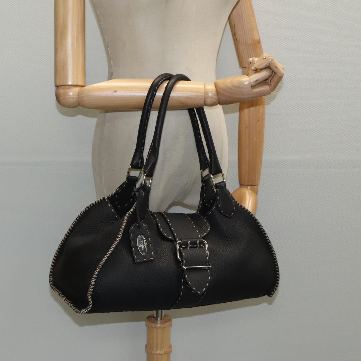 FENDI Celeria Hand Bag Leather Black Silver ki5027
