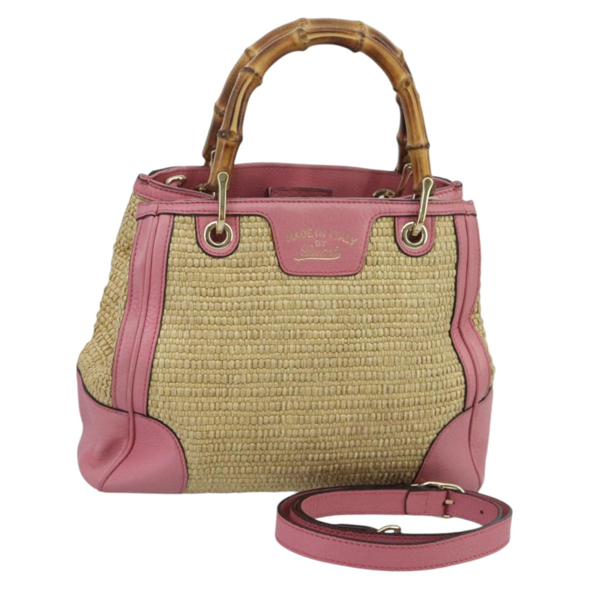 GUCCI Bamboo Hand Bag Straw Leather 2way Beige Pink Gold 336032 ki5083