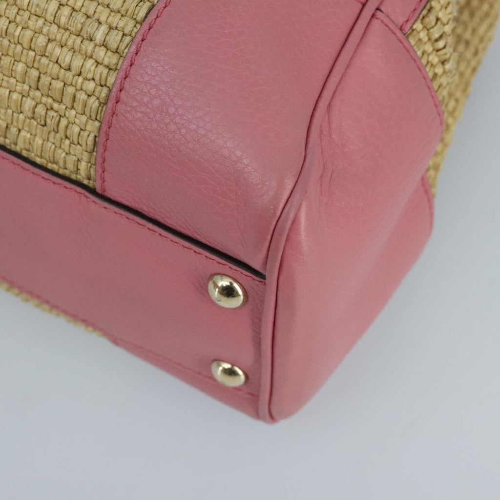 GUCCI Bamboo Hand Bag Straw Leather 2way Beige Pink Gold 336032 ki5083