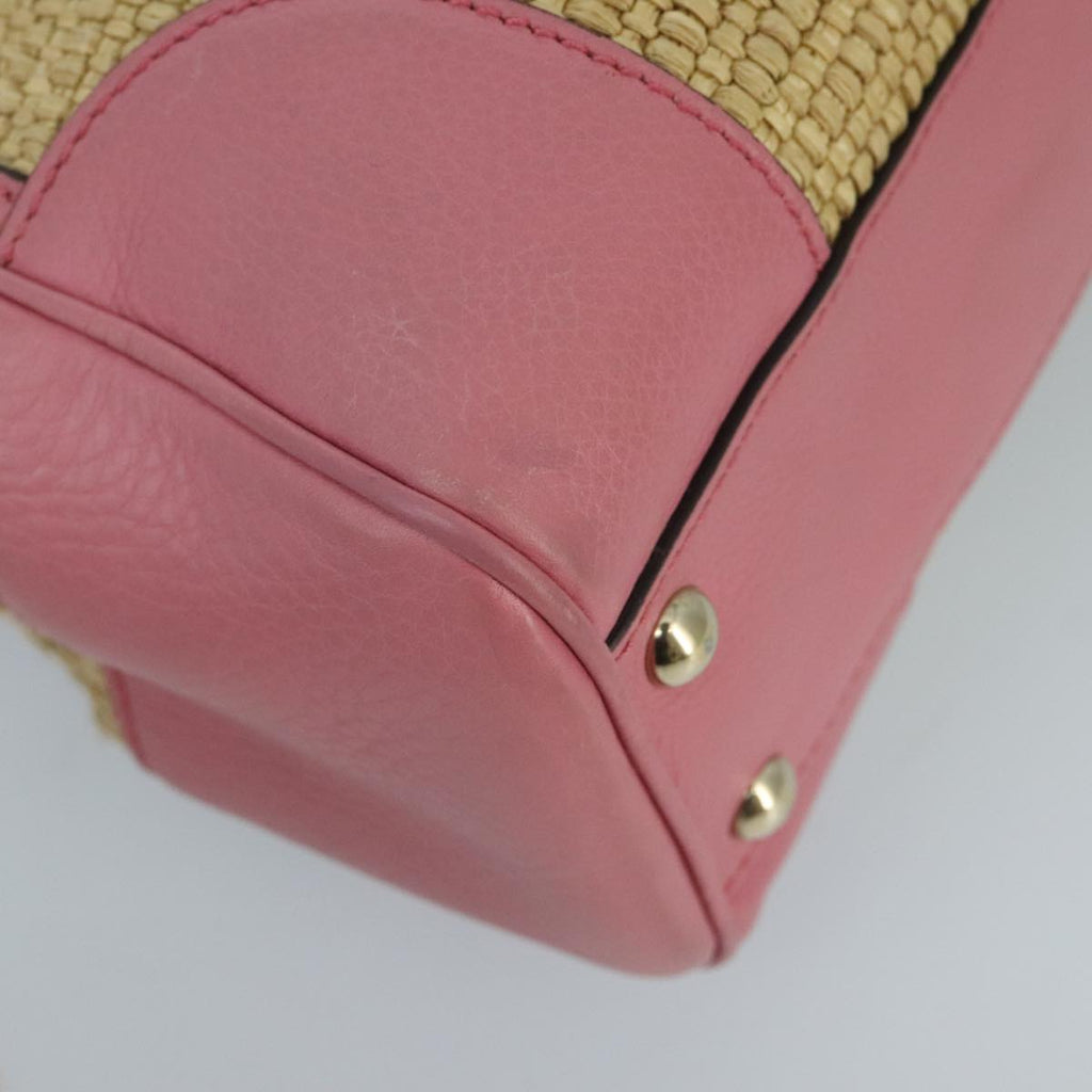 GUCCI Bamboo Hand Bag Straw Leather 2way Beige Pink Gold 336032 ki5083