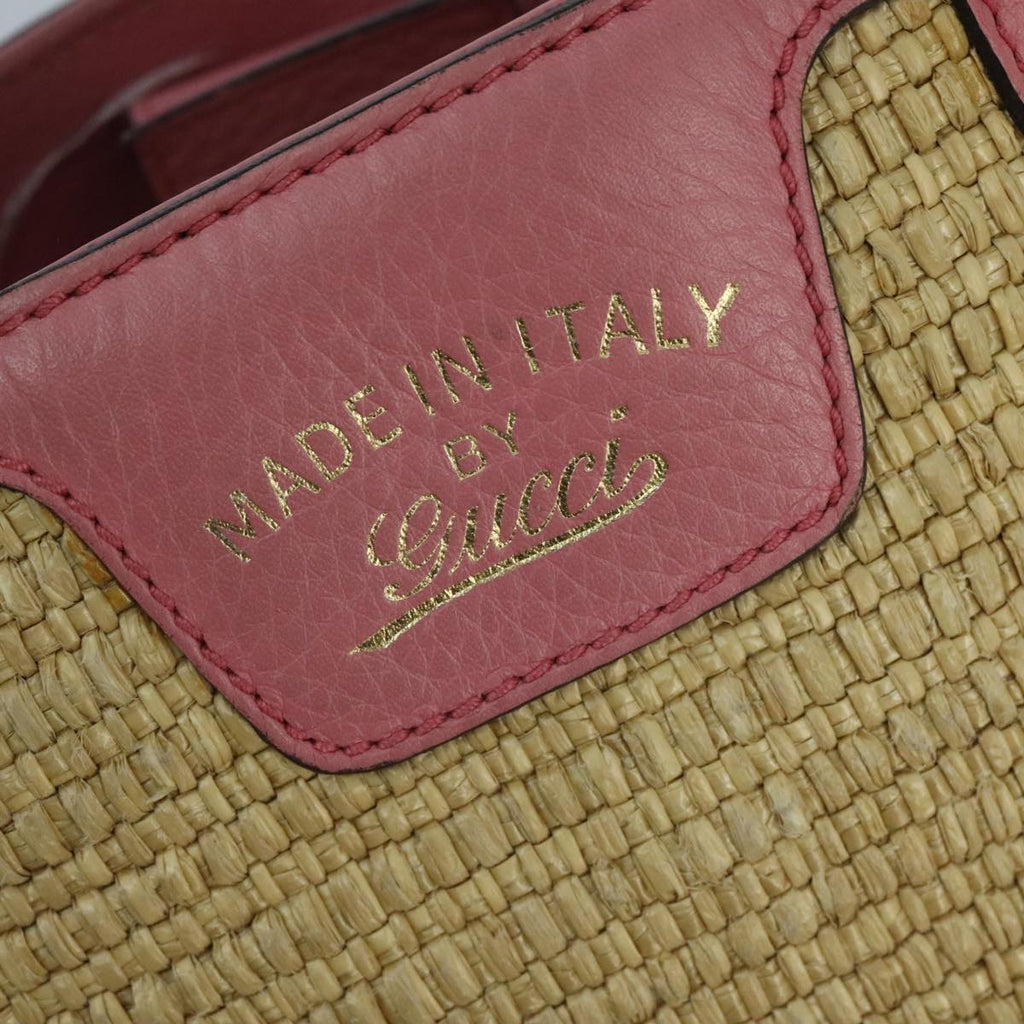 GUCCI Bamboo Hand Bag Straw Leather 2way Beige Pink Gold 336032 ki5083
