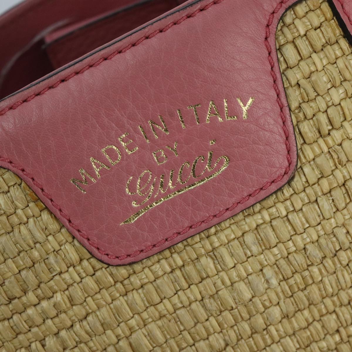 GUCCI Bamboo Hand Bag Straw Leather 2way Beige Pink Gold 336032 ki5083
