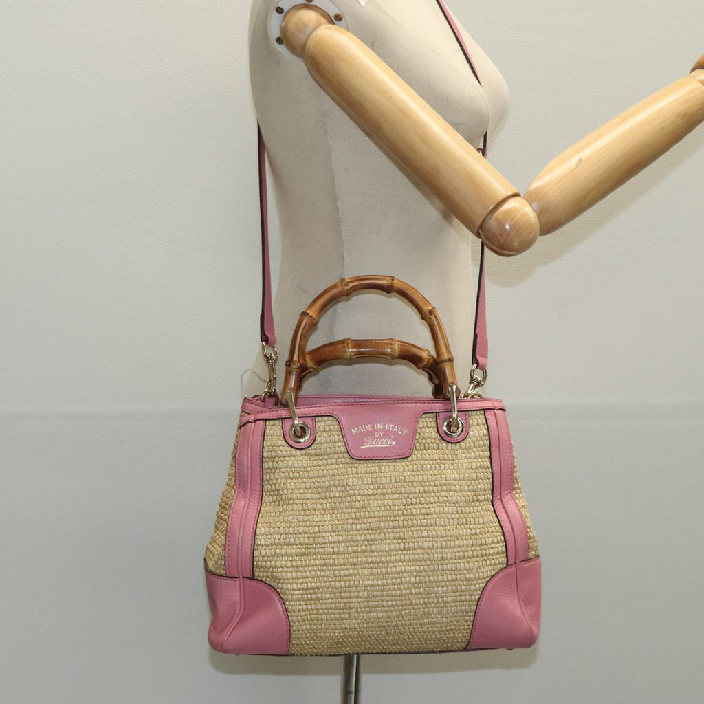 GUCCI Bamboo Hand Bag Straw Leather 2way Beige Pink Gold 336032 ki5083