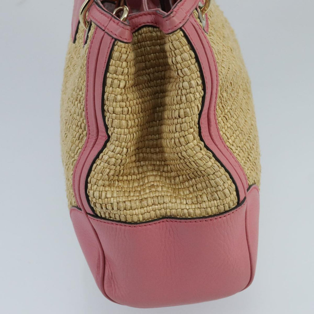 GUCCI Bamboo Hand Bag Straw Leather 2way Beige Pink Gold 336032 ki5083