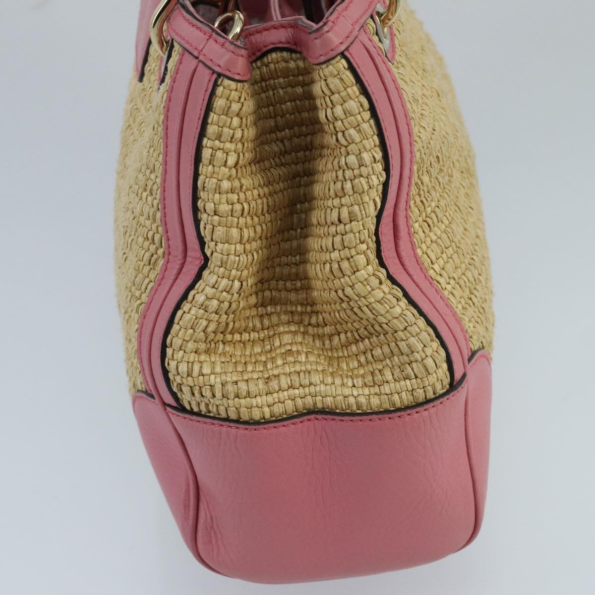 GUCCI Bamboo Hand Bag Straw Leather 2way Beige Pink Gold 336032 ki5083