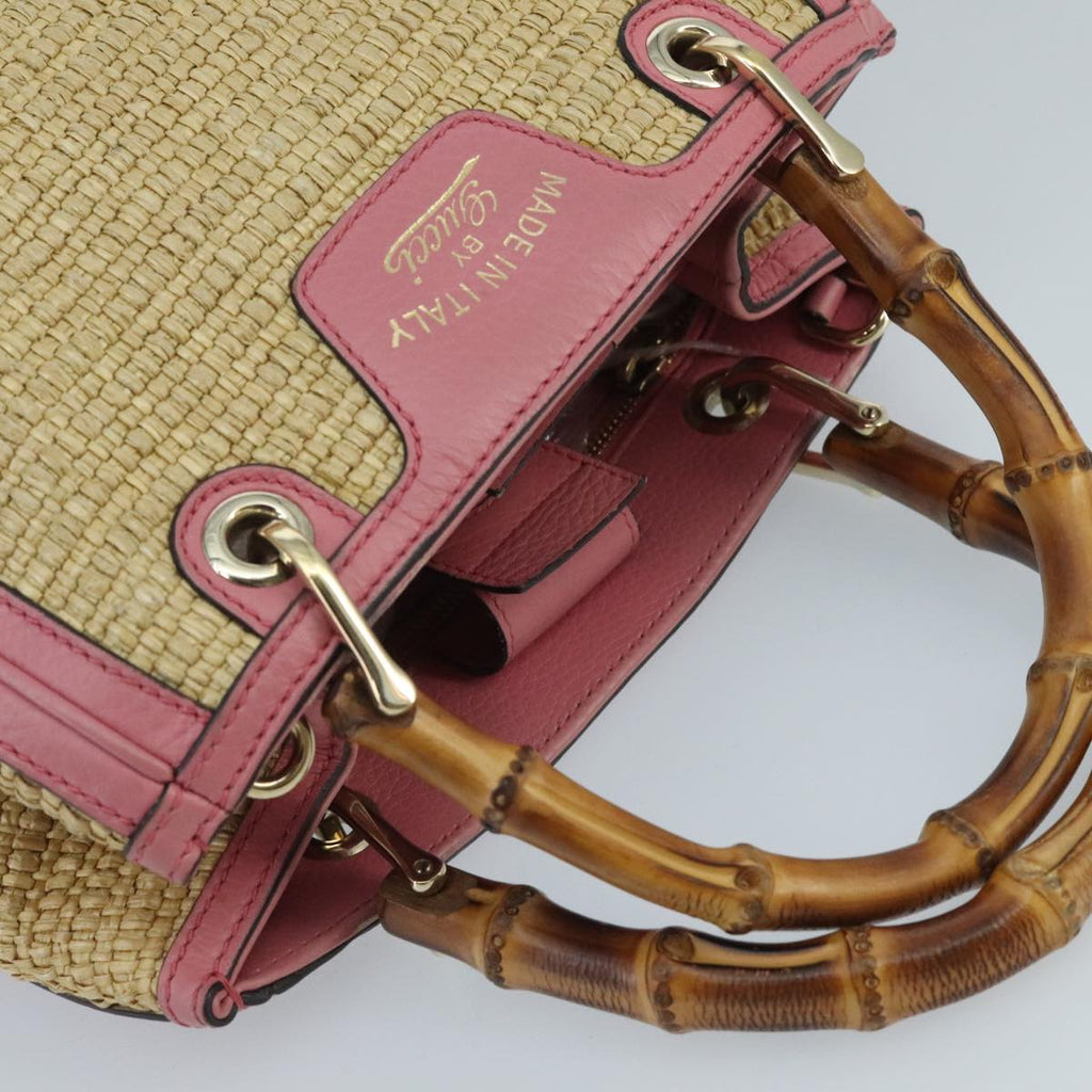 GUCCI Bamboo Hand Bag Straw Leather 2way Beige Pink Gold 336032 ki5083