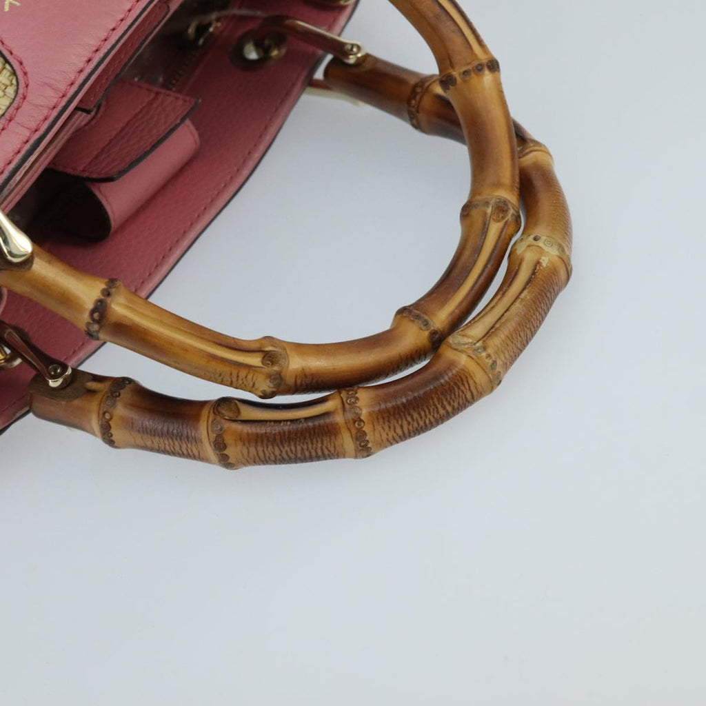 GUCCI Bamboo Hand Bag Straw Leather 2way Beige Pink Gold 336032 ki5083