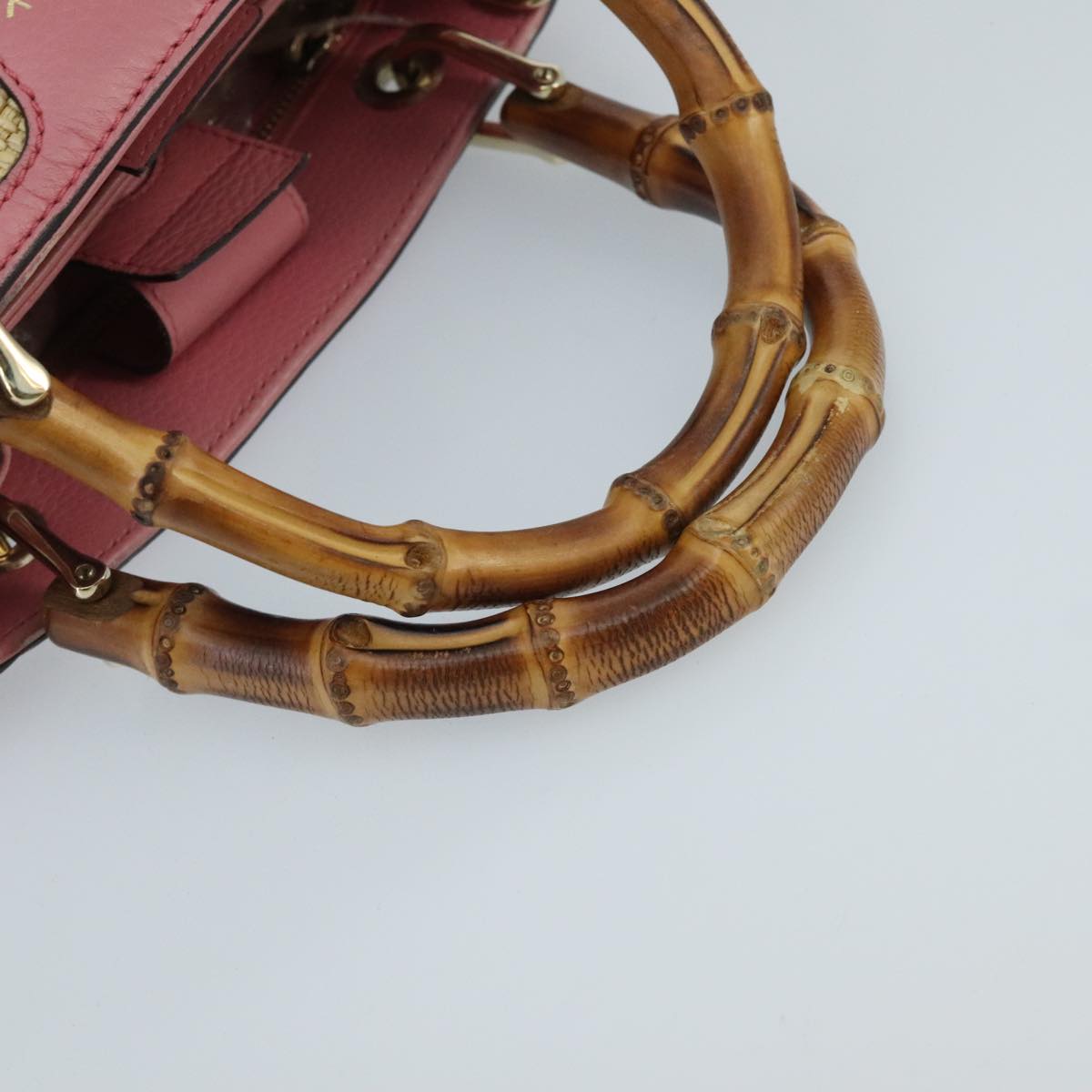 GUCCI Bamboo Hand Bag Straw Leather 2way Beige Pink Gold 336032 ki5083