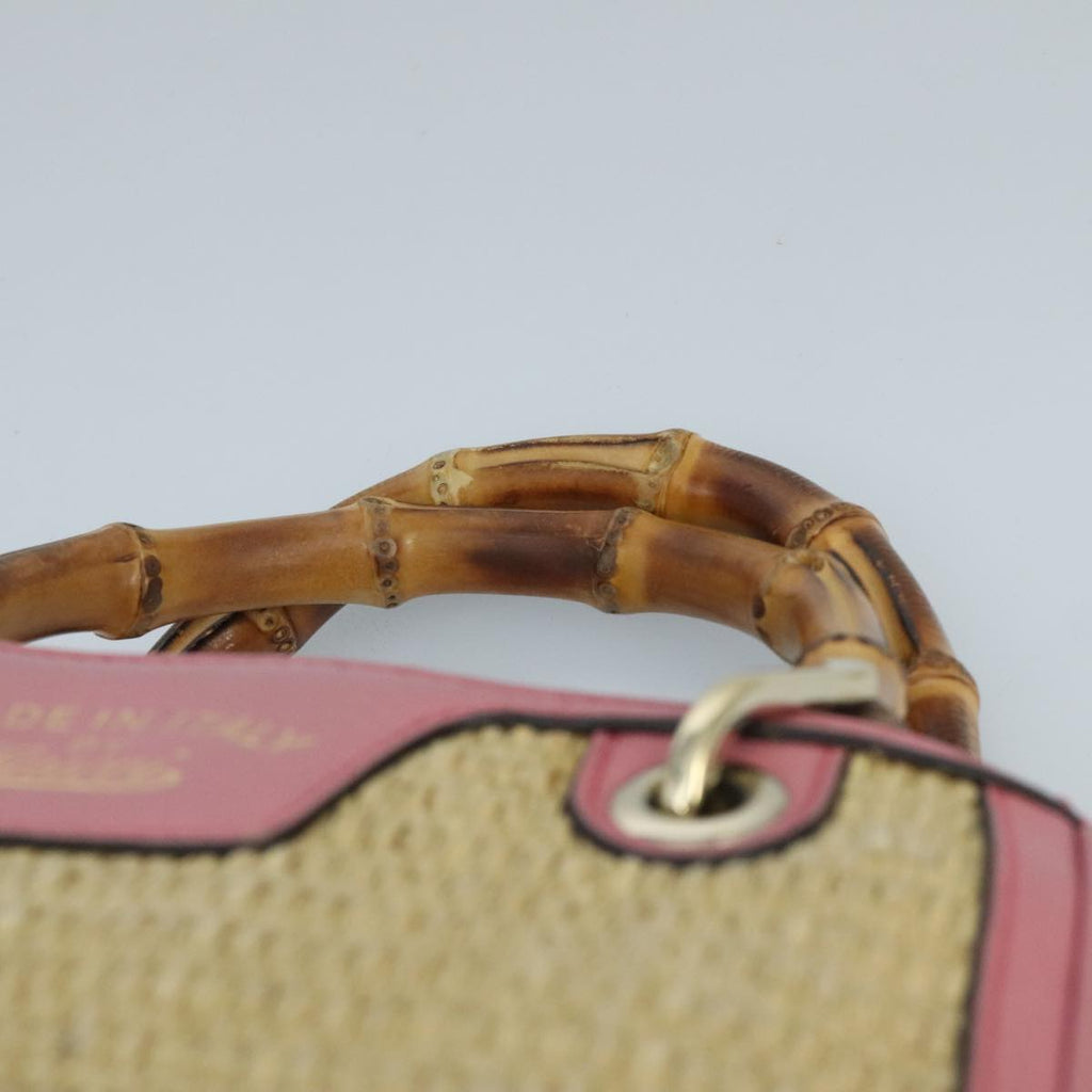 GUCCI Bamboo Hand Bag Straw Leather 2way Beige Pink Gold 336032 ki5083