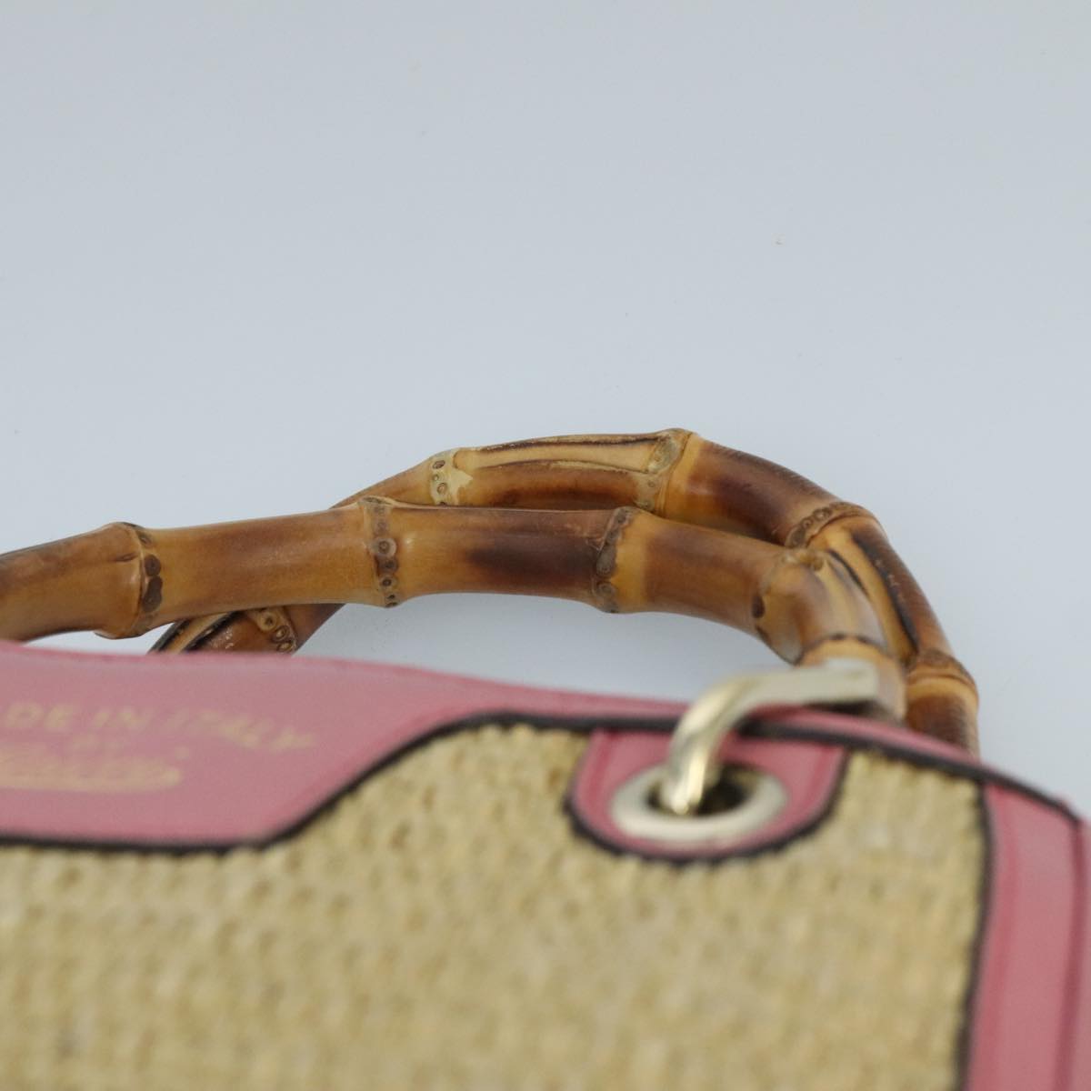 GUCCI Bamboo Hand Bag Straw Leather 2way Beige Pink Gold 336032 ki5083