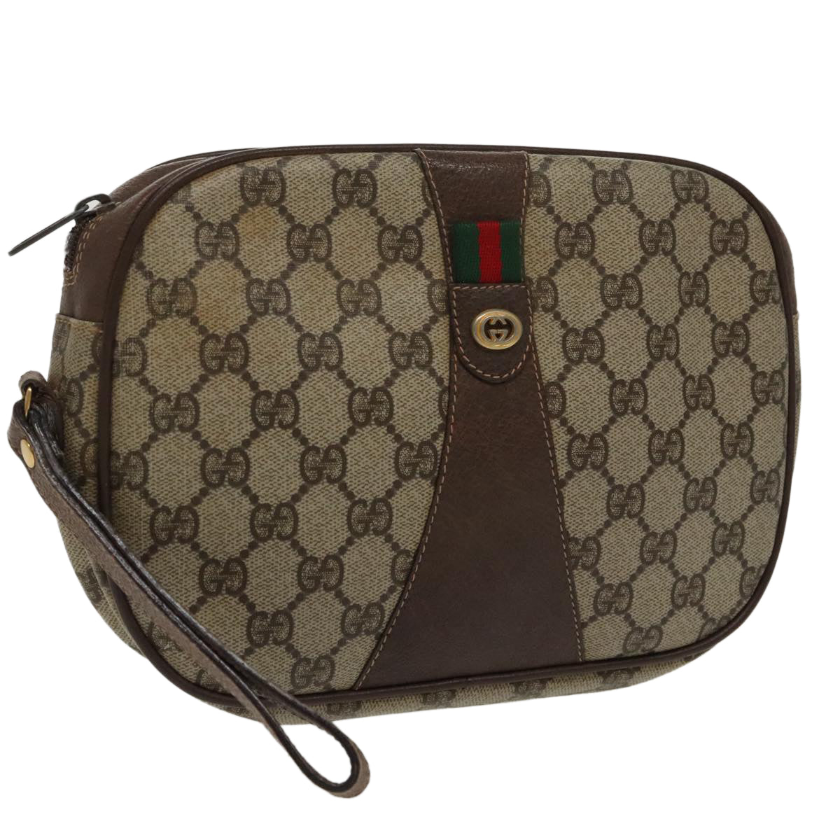 GUCCI GG Supreme Web Sherry Line Clutch Bag PVC Beige Red 156 01 034 ki5089