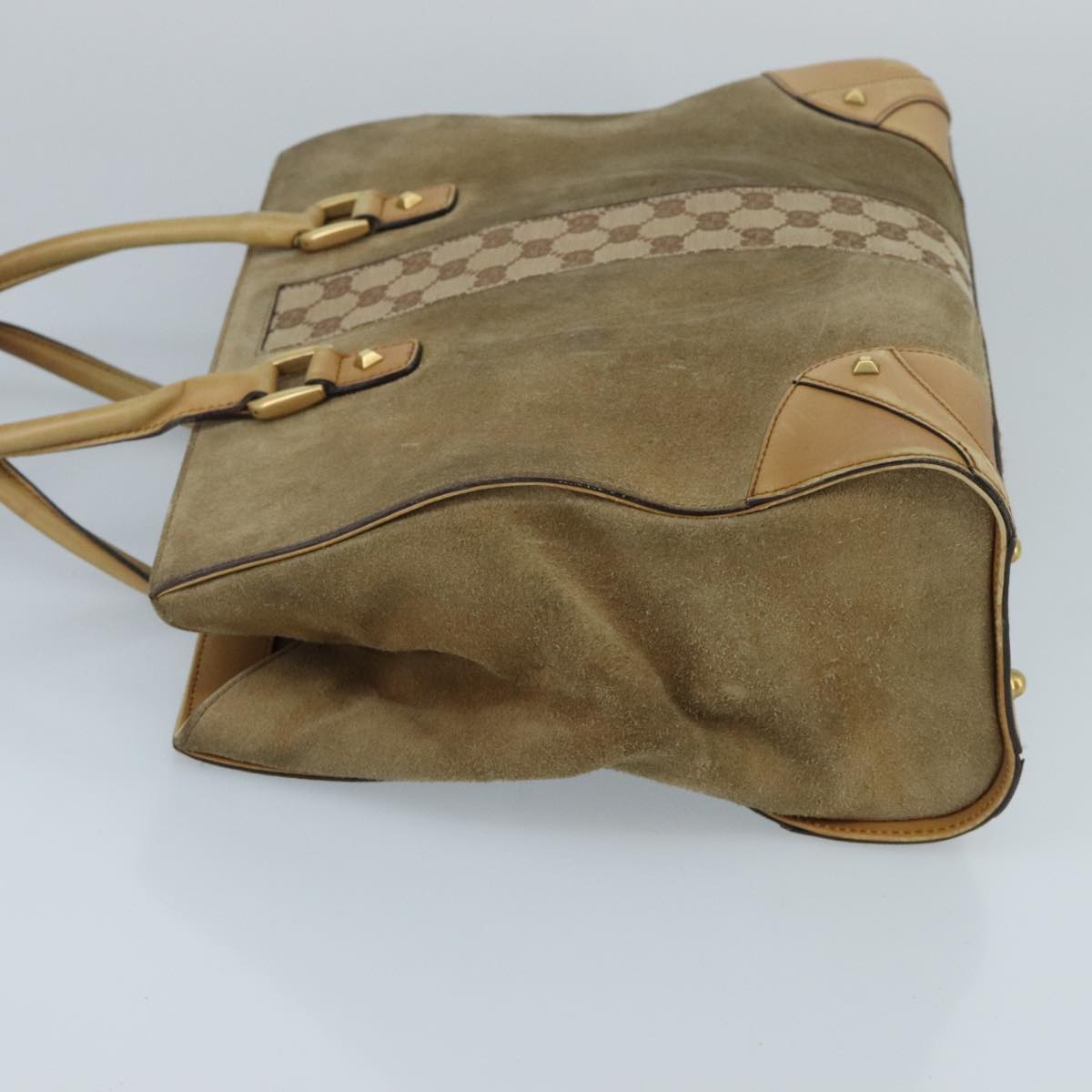 GUCCI GG Canvas Tote Bag Suede Studs Brown Gold 120897 ki5094