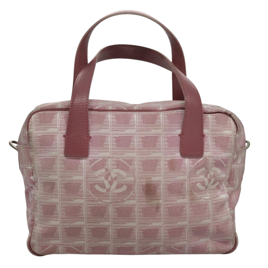 CHANEL New Travel Line Hand Bag Canvas Leather 2way Pink Silver CC ki5281
