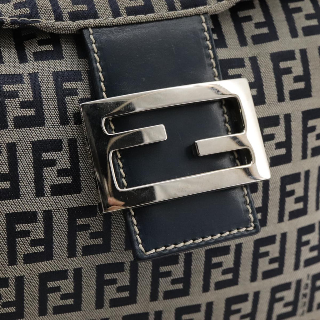 FENDI Zucchino Canvas Mamma Baguette Shoulder Bag Navy Silver ki5282