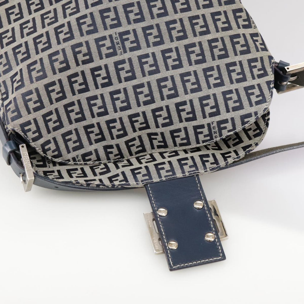 FENDI Zucchino Canvas Mamma Baguette Shoulder Bag Navy Silver ki5282