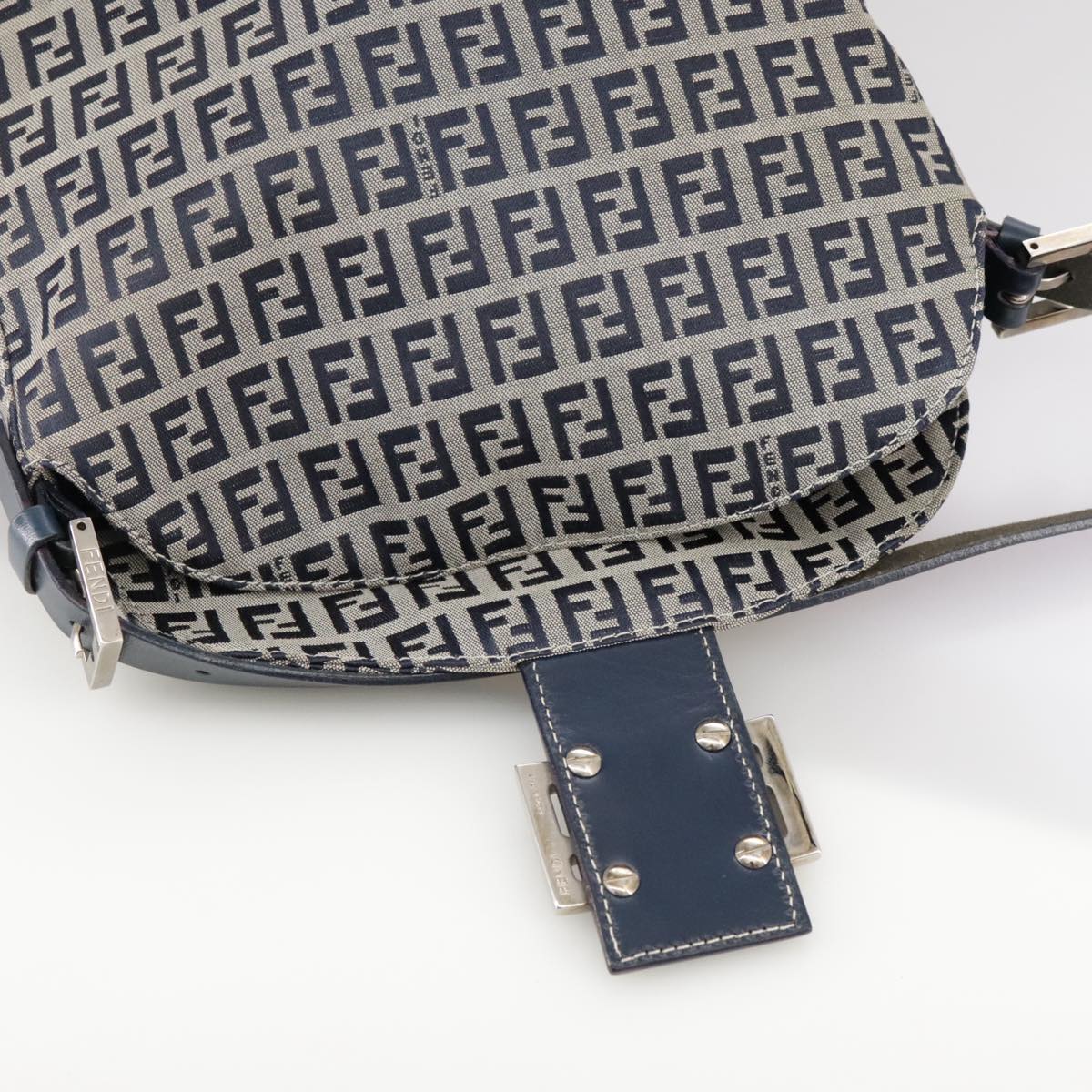 FENDI Zucchino Canvas Mamma Baguette Shoulder Bag Navy Silver ki5282