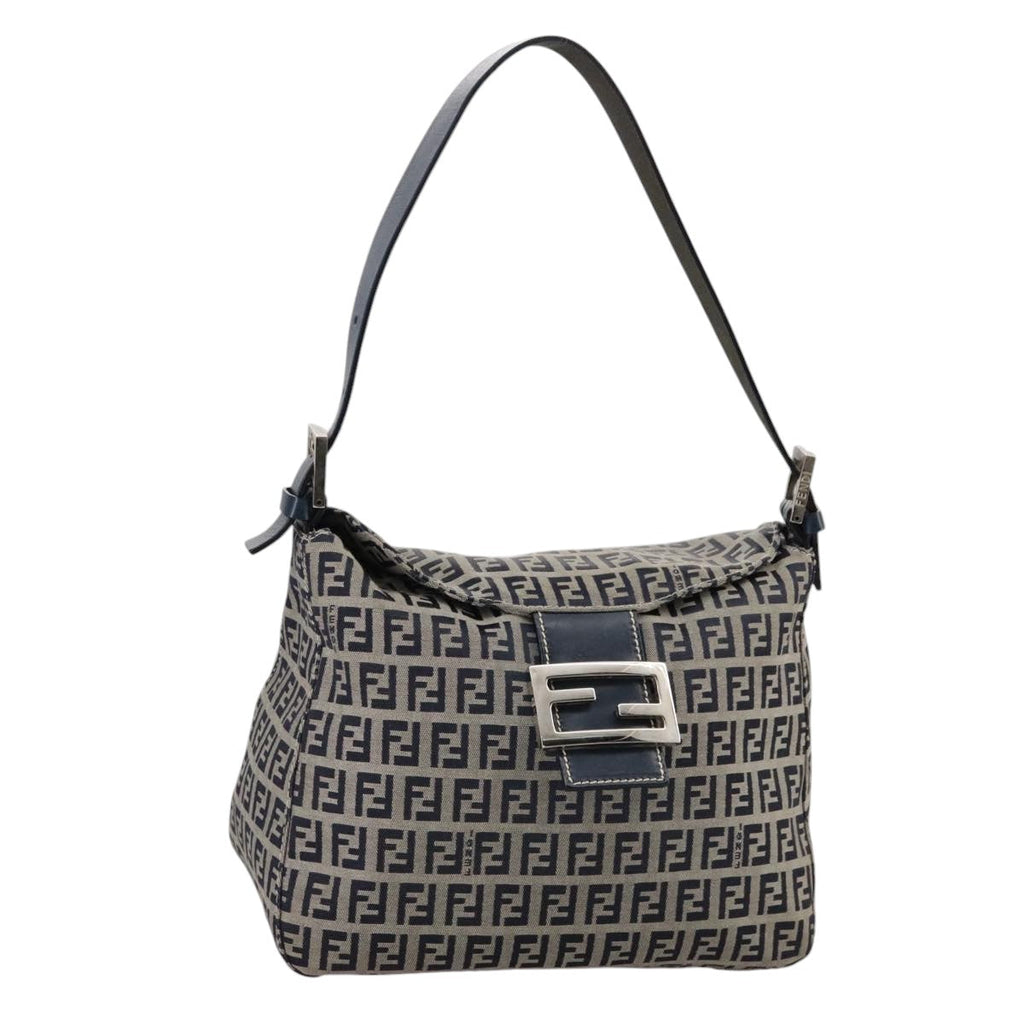 FENDI Zucchino Canvas Mamma Baguette Shoulder Bag Navy Silver ki5282