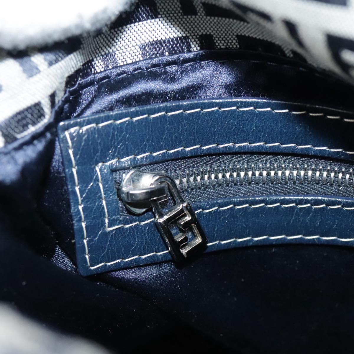 FENDI Zucchino Canvas Mamma Baguette Shoulder Bag Navy Silver ki5282