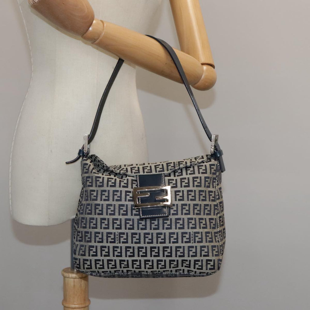 FENDI Zucchino Canvas Mamma Baguette Shoulder Bag Navy Silver ki5282