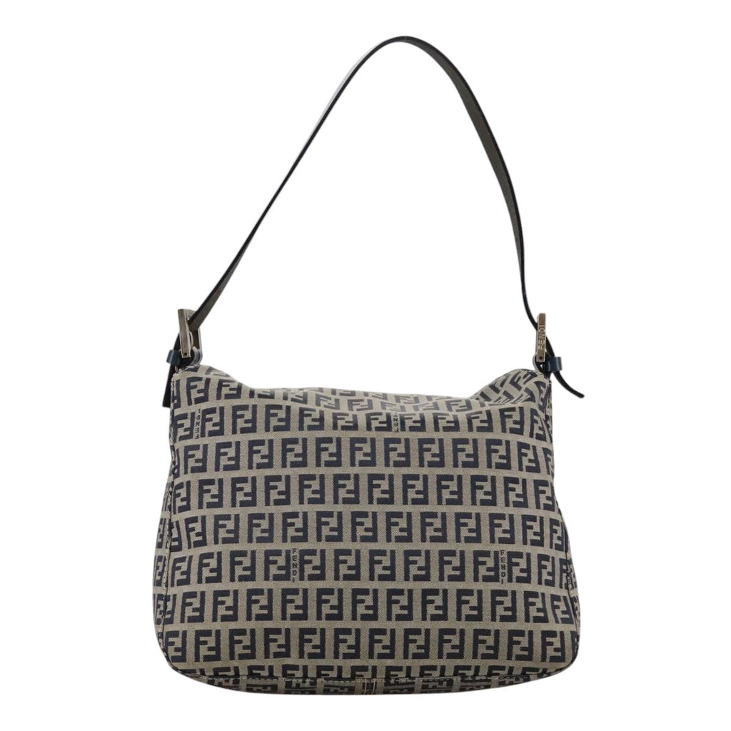 FENDI Zucchino Canvas Mamma Baguette Shoulder Bag Navy Silver ki5282