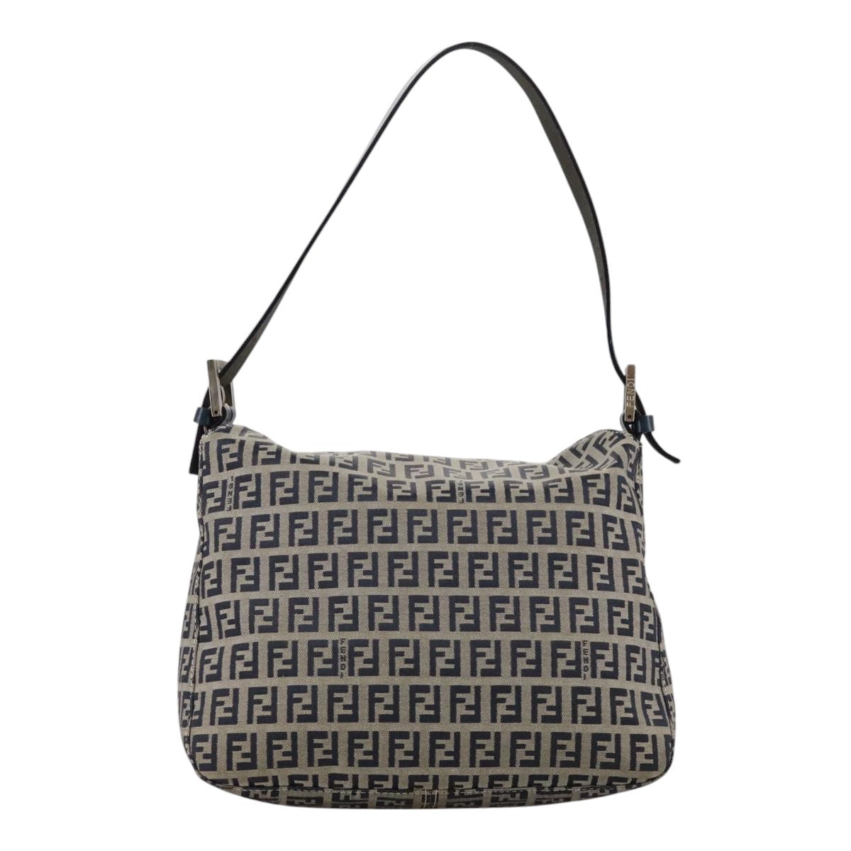 FENDI Zucchino Canvas Mamma Baguette Shoulder Bag Navy Silver ki5282