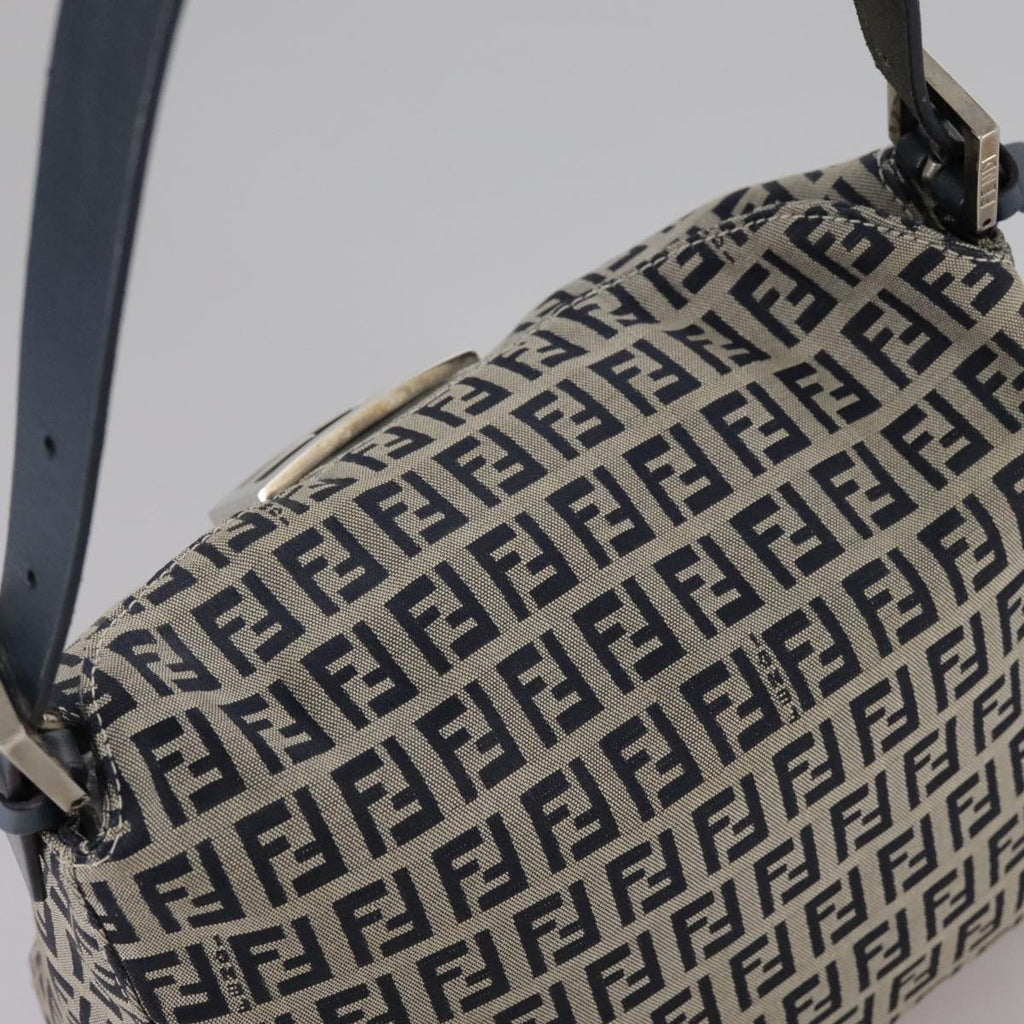 FENDI Zucchino Canvas Mamma Baguette Shoulder Bag Navy Silver ki5282