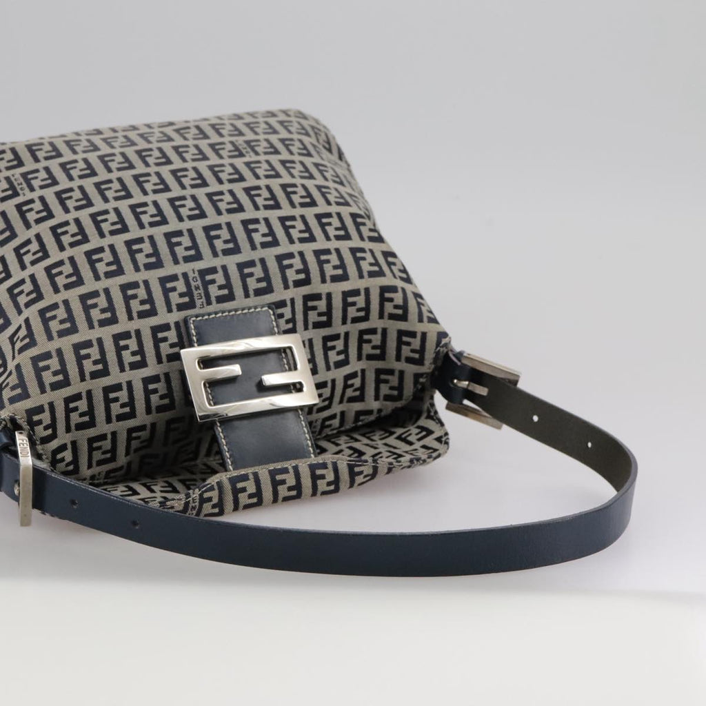 FENDI Zucchino Canvas Mamma Baguette Shoulder Bag Navy Silver ki5282