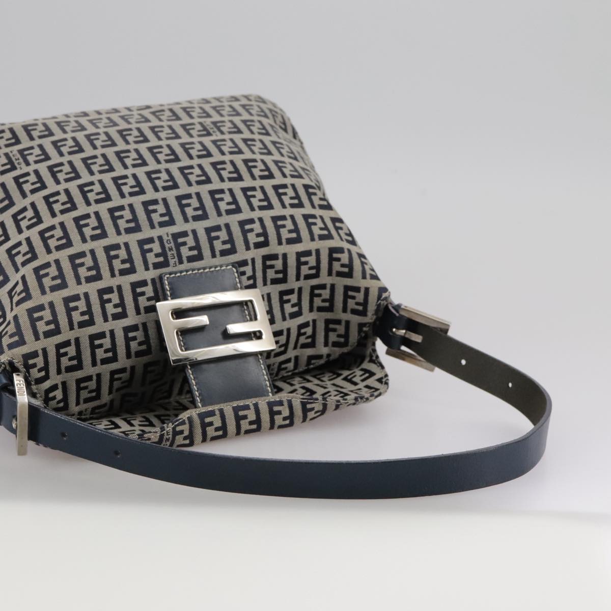 FENDI Zucchino Canvas Mamma Baguette Shoulder Bag Navy Silver ki5282