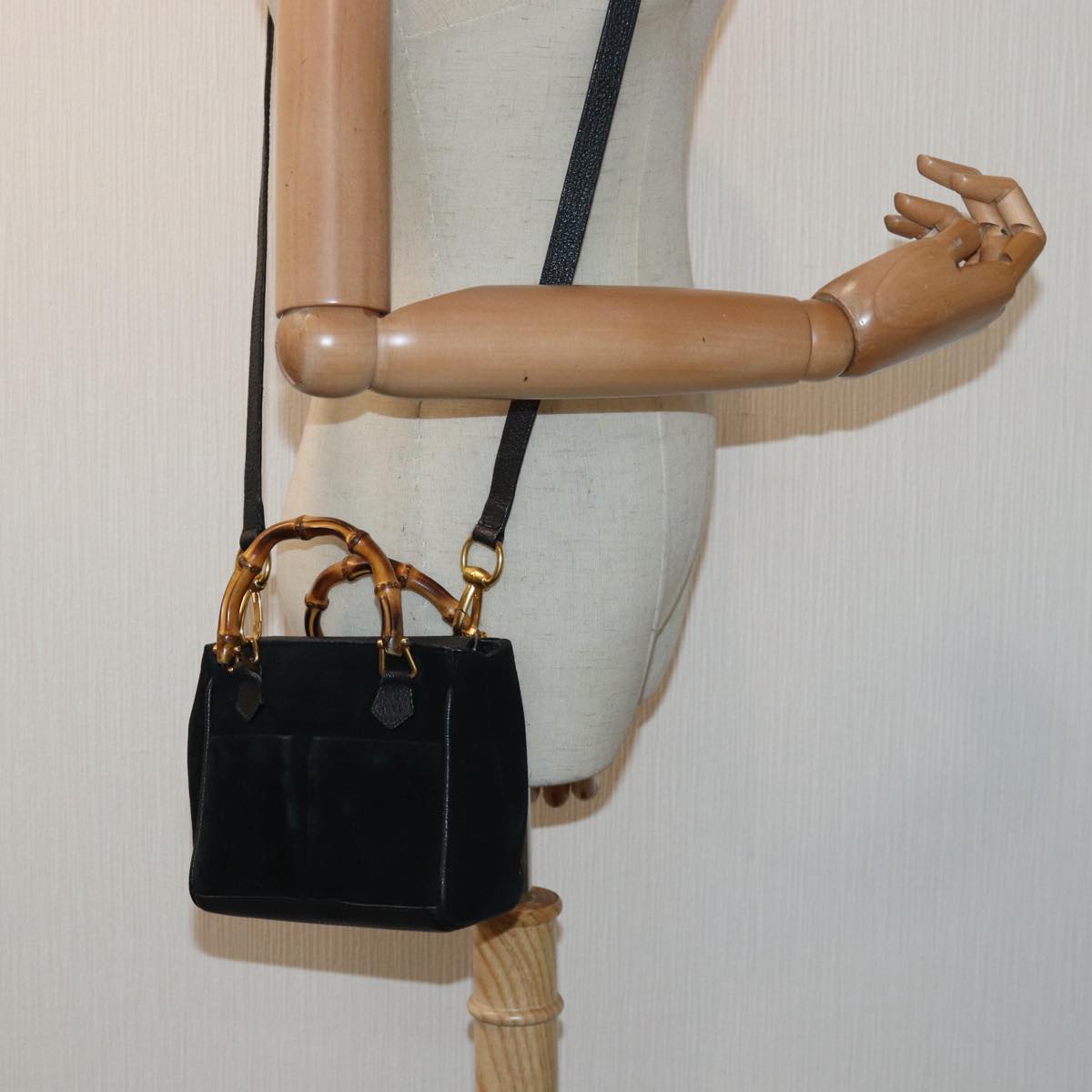 GUCCI Bamboo Hand Bag Suede 2way Black kk266