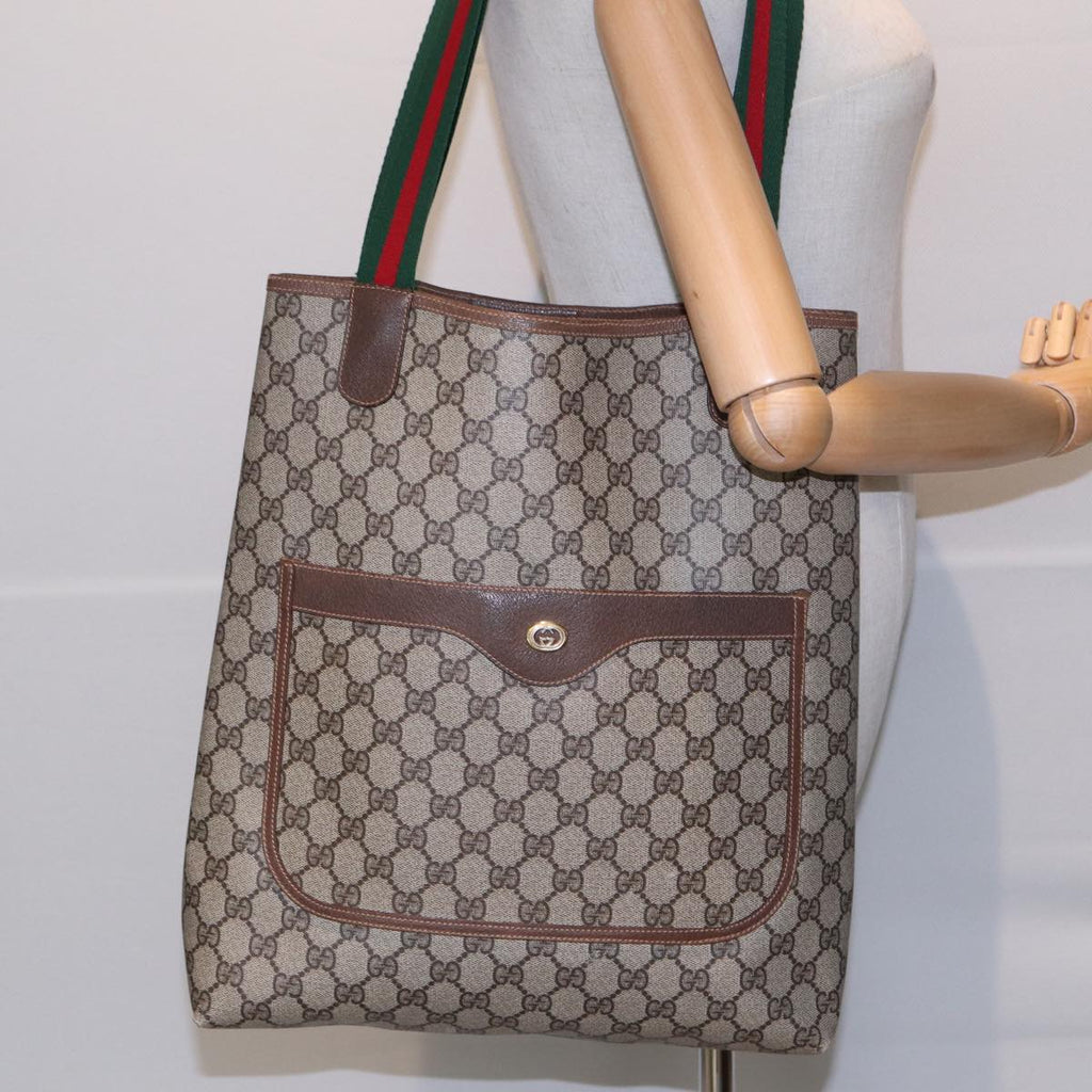 GUCCI GG Canvas Web Sherry Line Tote Bag PVC Leather Beige Green Red kk273