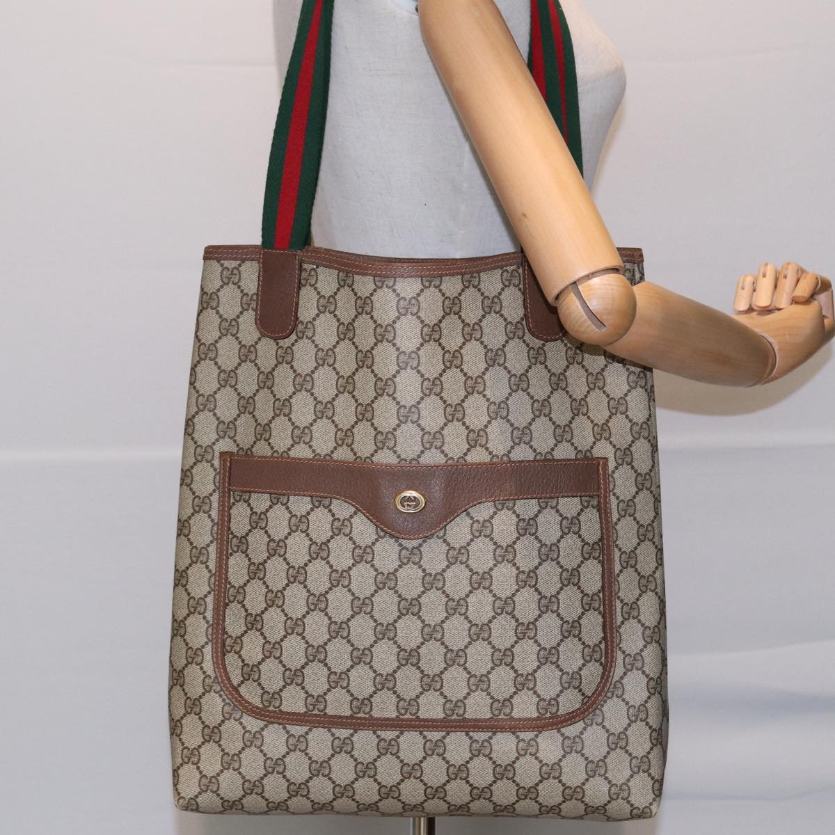 GUCCI GG Canvas Web Sherry Line Tote Bag PVC Leather Beige Green Red kk275