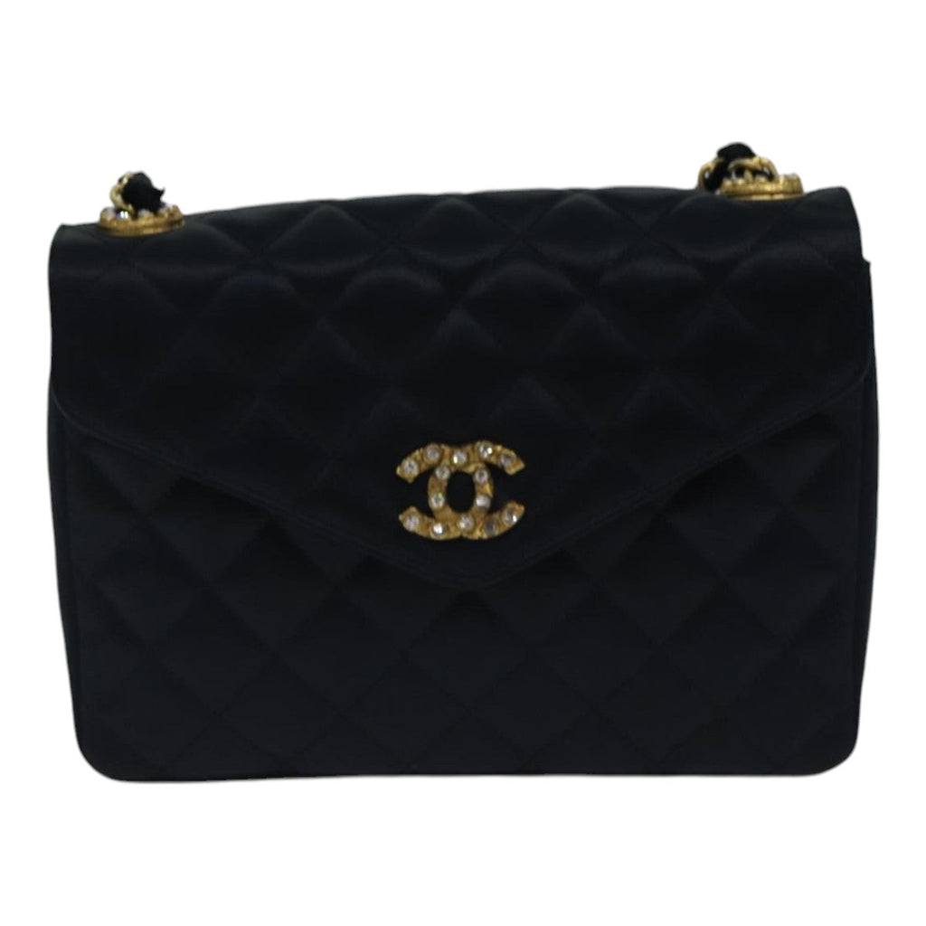CHANEL Matelasse Stone Chain Shoulder Bag Satin Black CC kk285A