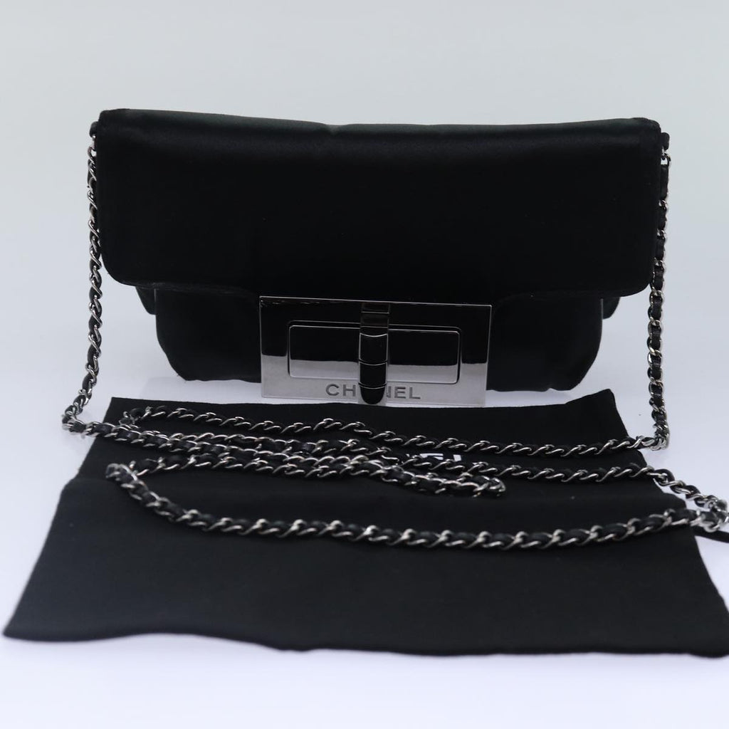 CHANEL Turn Lock Chain Shoulder Bag Satin Silver Black CC kk287