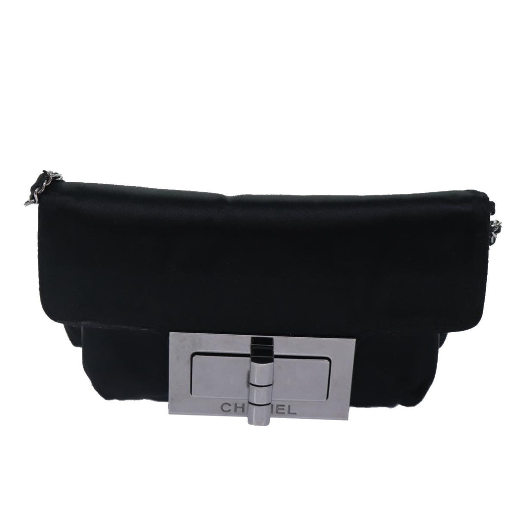 CHANEL Turn Lock Chain Shoulder Bag Satin Silver Black CC kk287