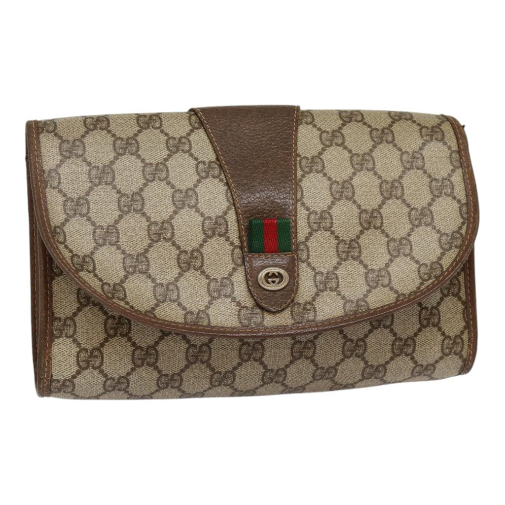 GUCCI GG Supreme Web Sherry Line Clutch Bag PVC Beige Gold 156 01 030 kk288