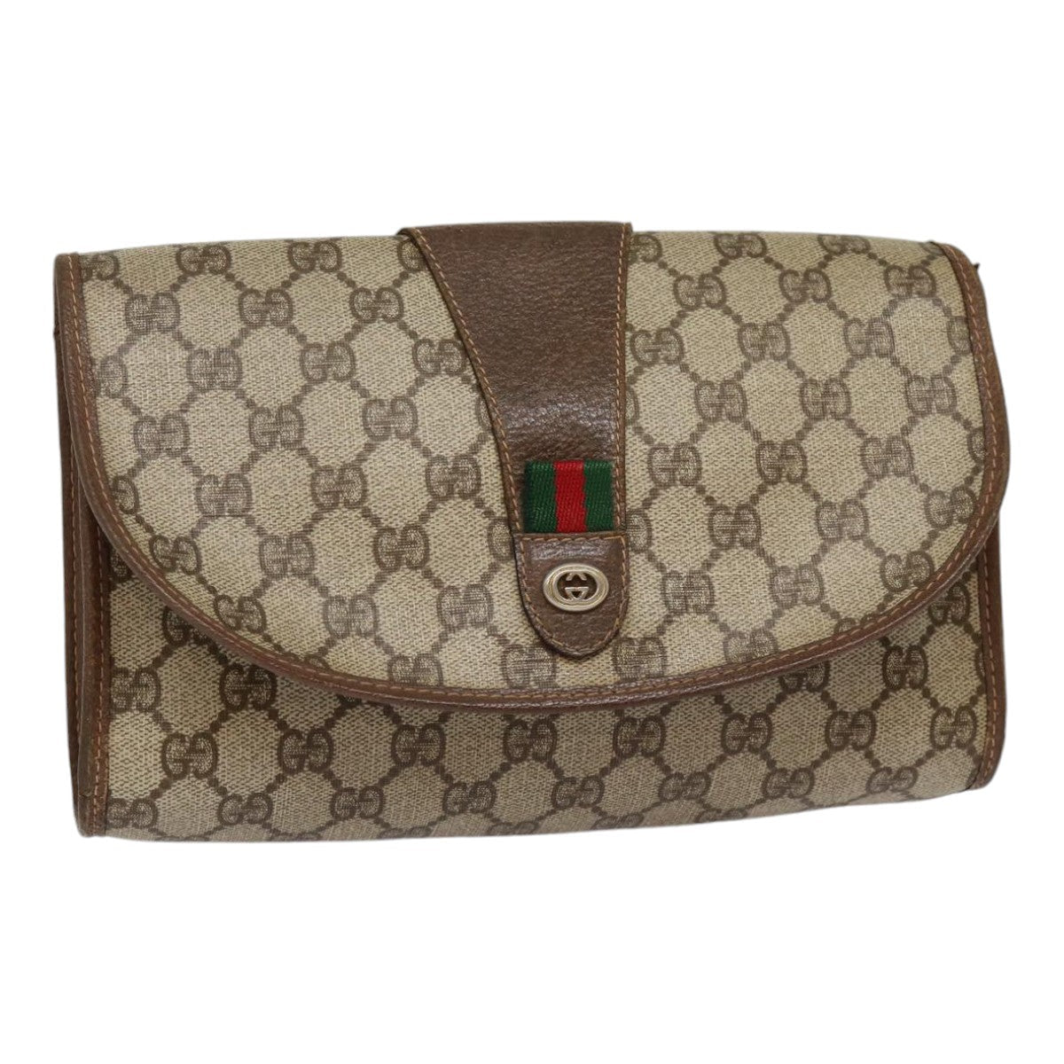 GUCCI GG Supreme Web Sherry Line Clutch Bag PVC Beige Gold 156 01 030 kk288